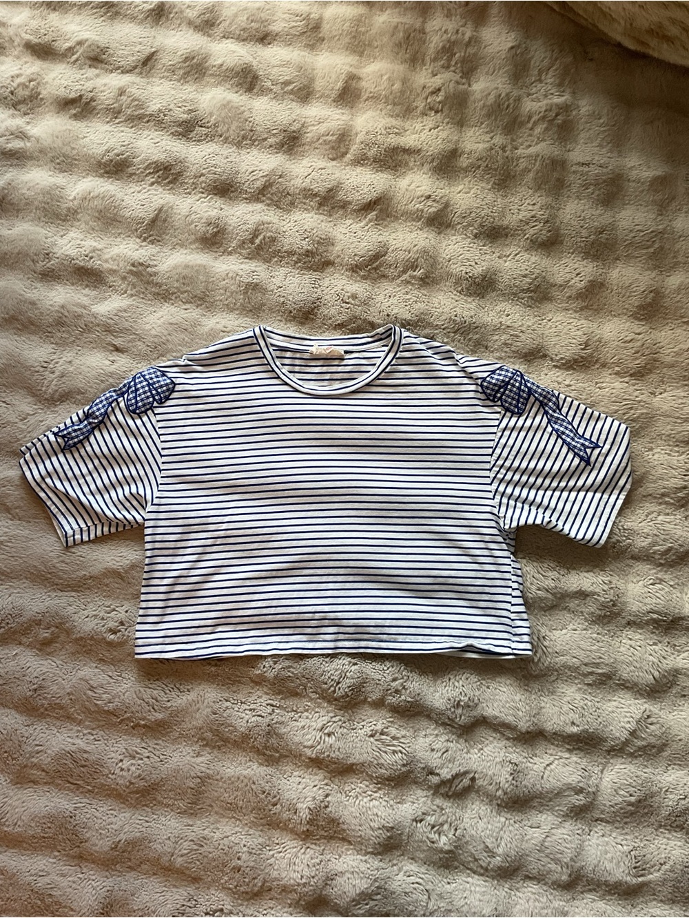 Peach Love California White & Navy Striped Cropped Tee with Shoulder Bows